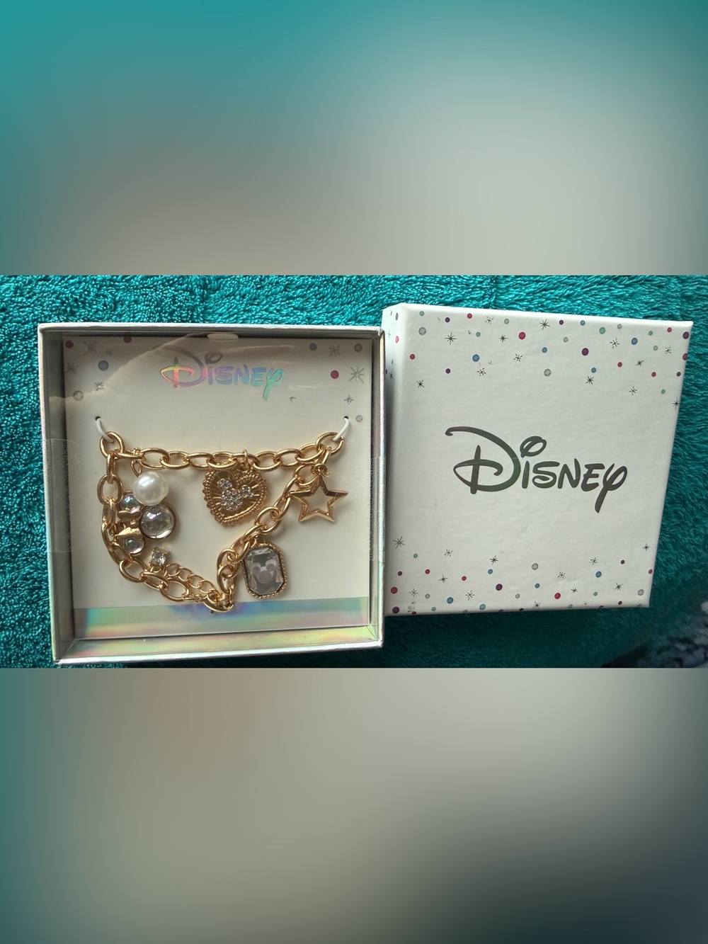 Disney Holographic Rainbow gold color charm bracelet Black Logo NEW